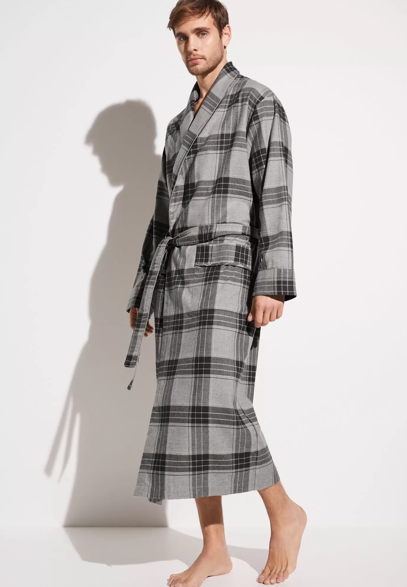 Cozy FlannelMorgenmantel lang - grey check-Zimmerli Clearance