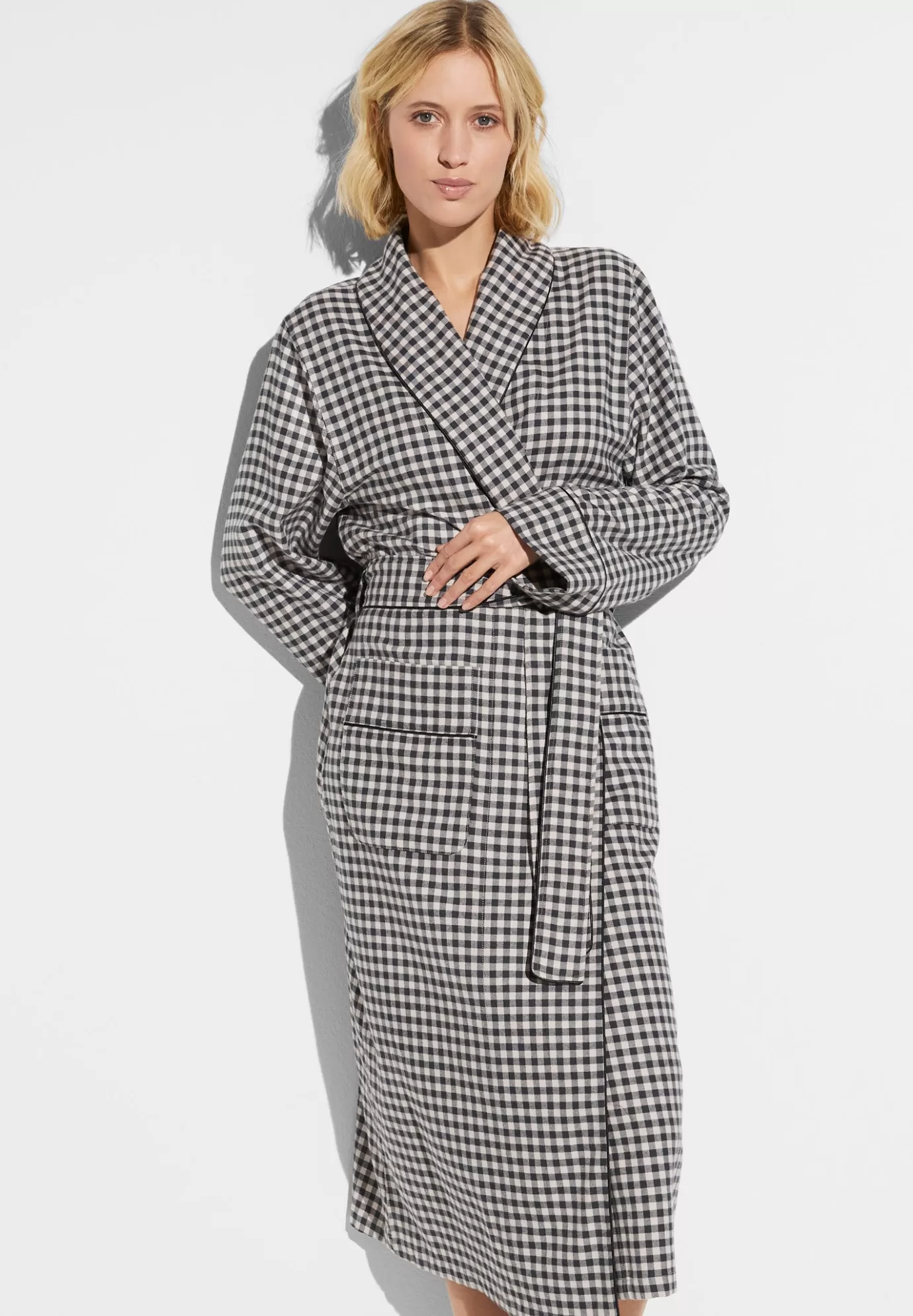 Cozy FlannelRobe de chambre longue - oat check-Zimmerli Outlet