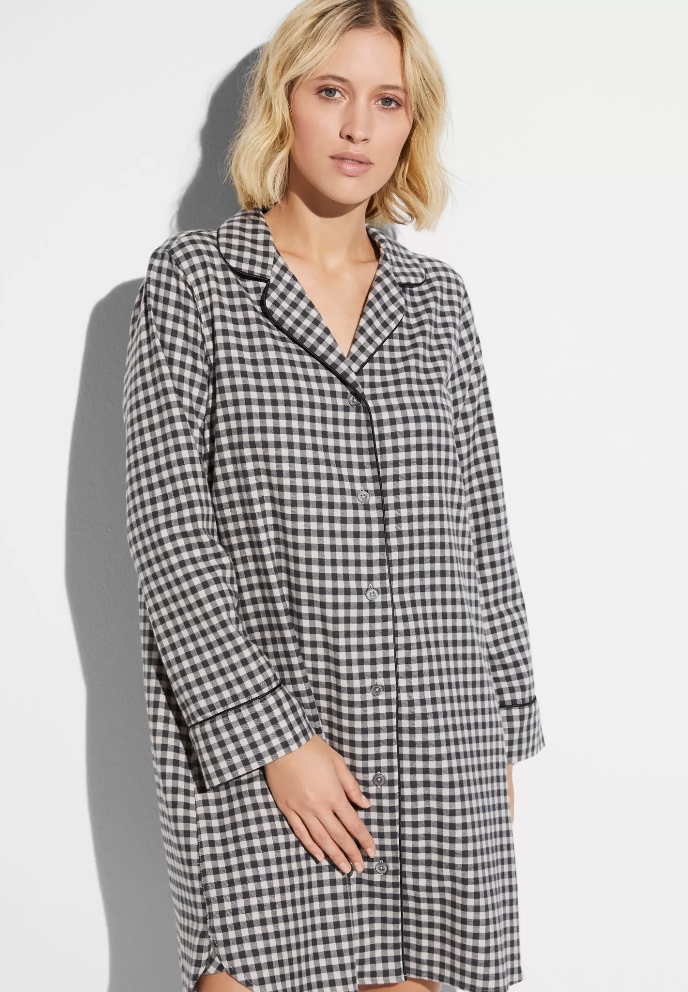 Cozy FlannelTee-shirt de nuit manches longues - oat check-Zimmerli Store