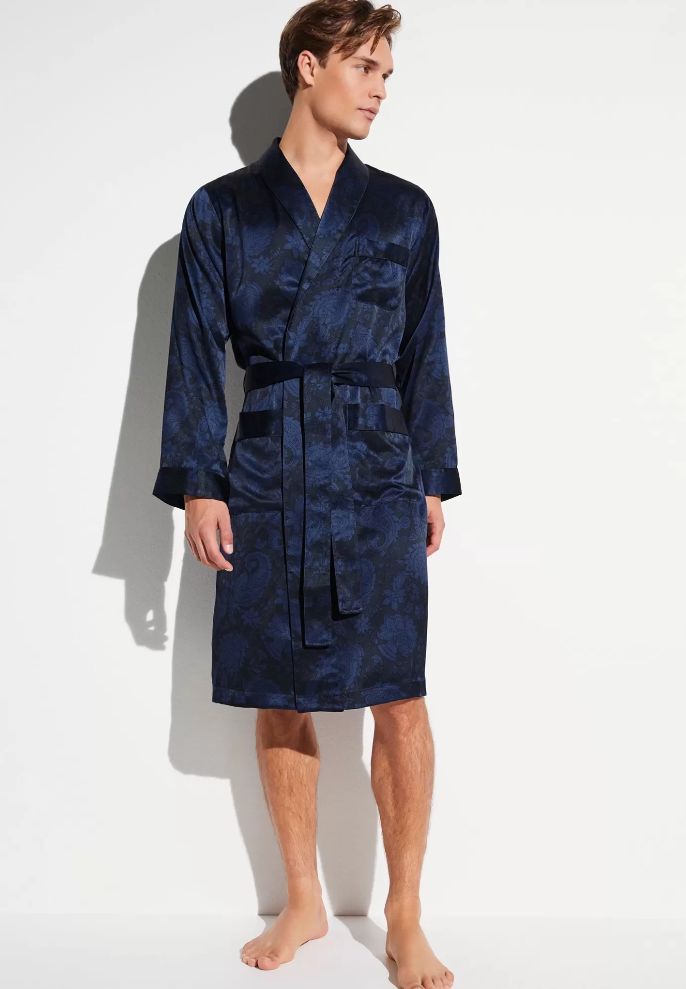 Silk NightwearRobe de chambre longue - paisley dark blue-Zimmerli Shop