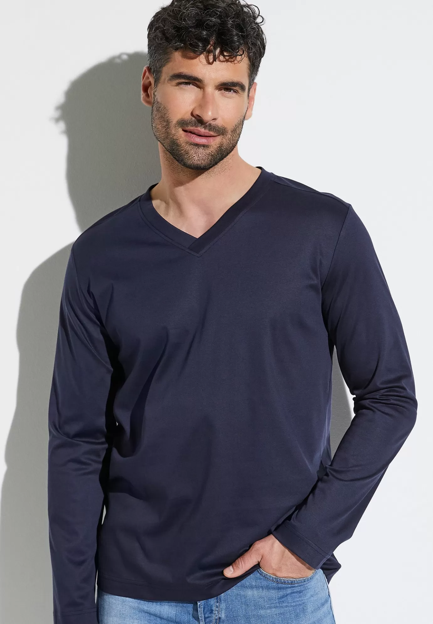 Supreme Green CottonT-Shirt à manches longues col en V - navy-Zimmerli Online